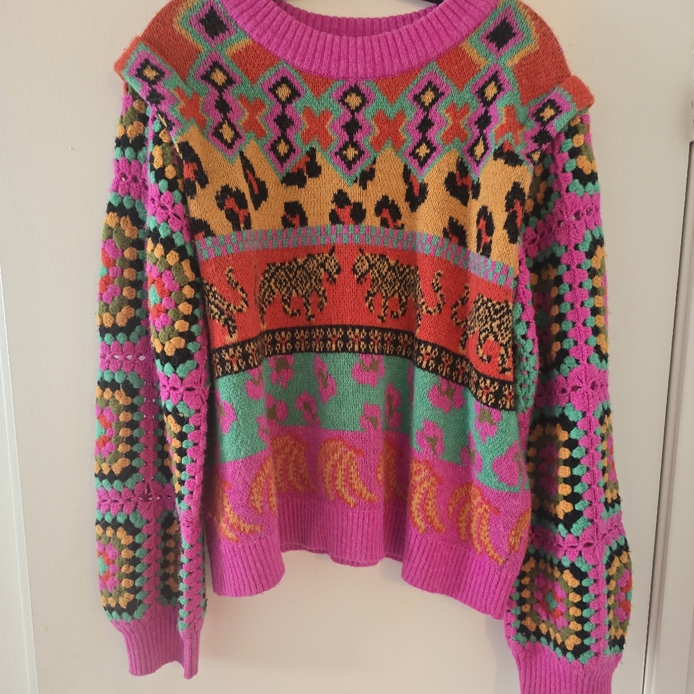 Farm Rio Crochet Mixed Print Sweater